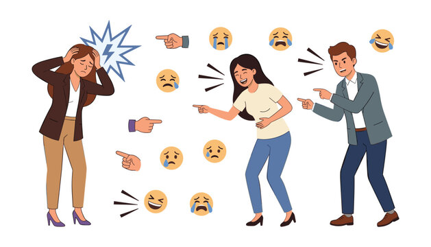 Workplace Bullying and Harassment Vector Character Set with Aggressive Coworkers Blaming Mocking Pointing Fingers and Sad Stressed Woman for Toxic Office Concepts