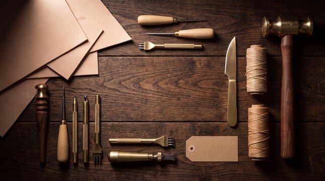 Flat Lay Frame of Professional Leather Crafting Tools, Brass Hammer, Raw Leather Pieces, and Waxed Thread on Dark Wood