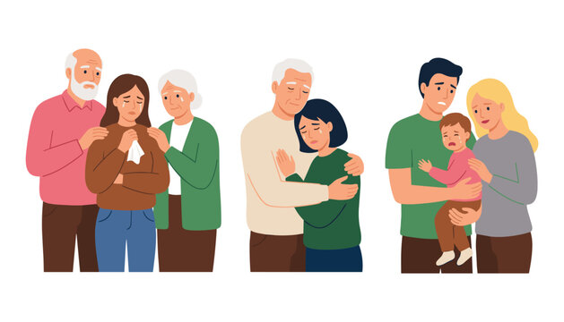 Sad Crying Sadness Family Vector Set with Mourning Relatives Comforting and Hugging Each Other for Loss Grief and Mental Health Support Concepts