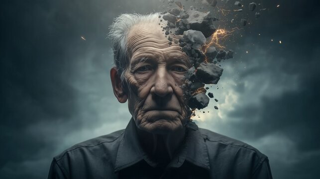 Elderly Man with Fragmenting Face in Surreal Dark Portrait