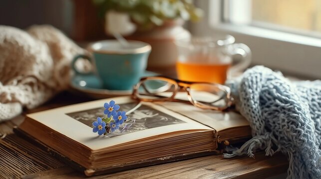 Vintage photo album with reading glasses, tea, blue flowers and knitted blankets