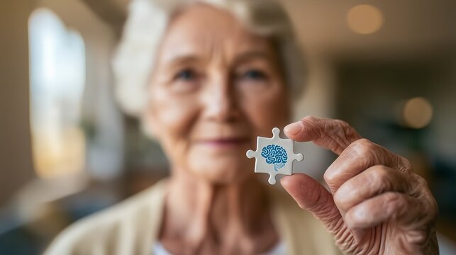 Senior woman holding jigsaw puzzle piece with brain symbol for memory health awareness