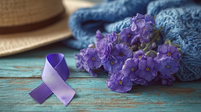 Purple Awareness Ribbon and Violet Flowers on Rustic Turquoise Wood