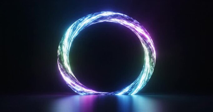 Abstract neon glowing rings of light forming a circular portal on a dark background. 4K Video