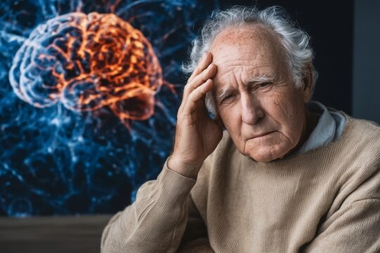 Worried elderly man holding his temple beside a glowing brain image, dementia and memory loss concept
