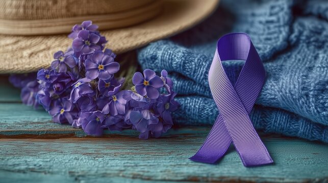 Purple Awareness Ribbon with Flowers on Rustic Wooden Table