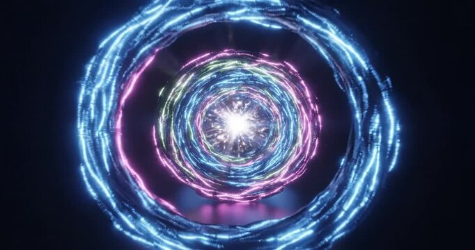 Abstract neon glowing rings of light forming a circular portal on a dark background. 4K Video