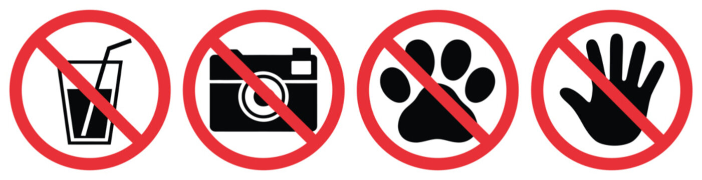 Prohibition icons with no food, drinks, photography, pets, and do not touch symbols for public areas, safety regulations, and warning