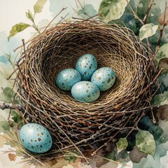 Naklejka premium Watercolor painting of bird nest with four blue speckled eggs. Another egg lies nearby. Branches and leaves surround the natural habitat, evoking spring.