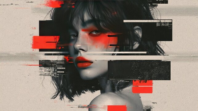High‑contrast graphic artwork of woman profile portrait integrated with abstract stripes, digital artifacts, black geometry and red accent blocks on textured grey paper background