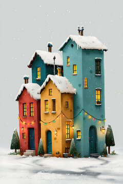 Illustrated snow covered row houses glowing warmly at night with string lights