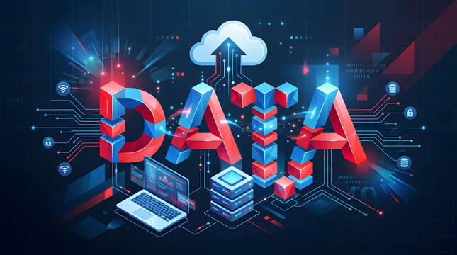 Digital data processing concept with isometric server hardware and blue and red glowing abstract technology elements.