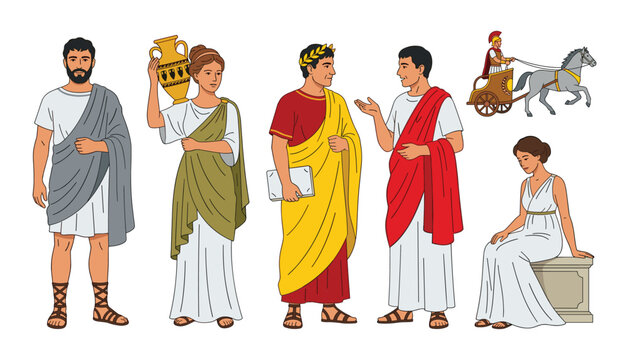 Ancient Roman People Character Vector Set Featuring Emperor Citizens in Togas Woman Carrying Amphora and Chariot Rider for History Education Designs