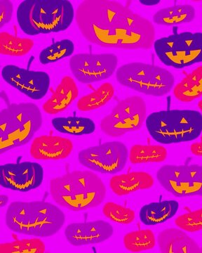 Vibrant neon purple and pink Halloween seamless pattern featuring spooky jack o lantern pumpkin faces with glowing orange eyes and creepy smiles