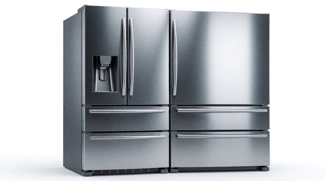 Modern stainless steel refrigerator with French doors and pull-out freezer drawers. This appliance features water dispenser for convenient access to chilled drinks. Its sleek design fits any kitchen.
