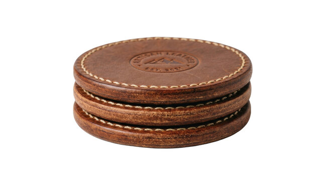Stack of Round Brown Leather Coasters with Stitched Edges and Embossed Logo PNG Isolated on transparent background