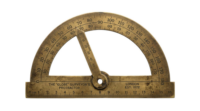 Antique Brass Surveyor's Protractor with Ruler and Movable Arm PNG Isolated on transparent background