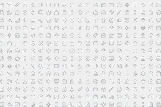 A set of thin line style vector icons covering common business, interface and digital usage scenarios for design projects.