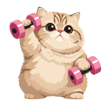 Cute fluffy cat exercising with dumbbells