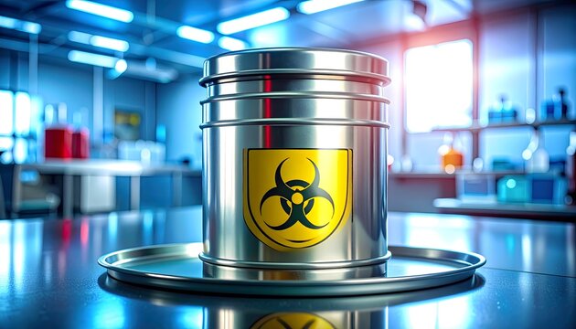 Metal biohazard waste container sitting on a laboratory table in a research facility.
