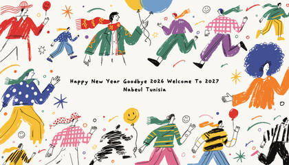 Obraz premium Happy New Year Goodbye 2026 Welcome 2027 Celebration with Diverse People, Balloons, Confetti - Nabeul Tunisia