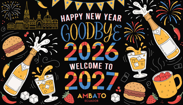 Happy New Year Goodbye 2026 Welcome 2027 Ambato Ecuador Celebration with Fireworks, Champagne, Burgers, and Drinks on Black Background