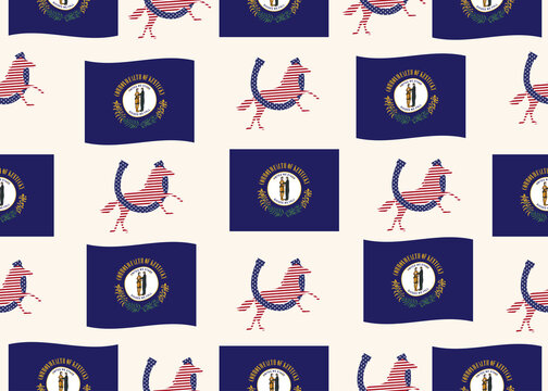 Kentucky state flag and patriotic thoroughbred horse seamless pattern illustration