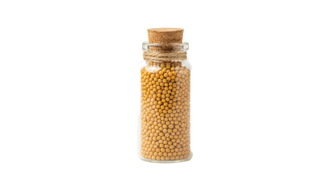 Small Glass Bottle Filled with Yellow Mustard Seeds and Cork Stopper PNG Isolated on transparent background
