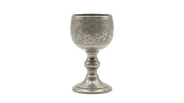 Antique Pewter Goblet with Floral Engraving and Ornate Stem PNG Isolated on transparent background