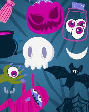 Whimsical Halloween themed pattern with spooky cartoon characters including a pink mummy, white skull, black bat, and carved glowing jack-o-lantern