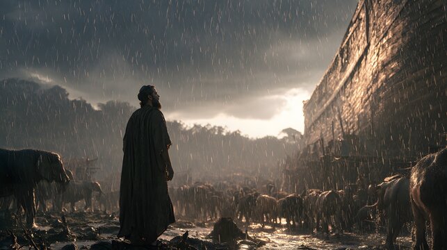 Noah standing in the rain before the ark with animals