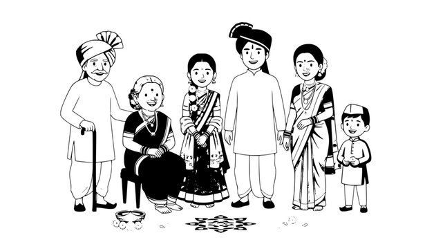 Traditional Maharashtrian Family in Cultural Clothing Vector Illustration