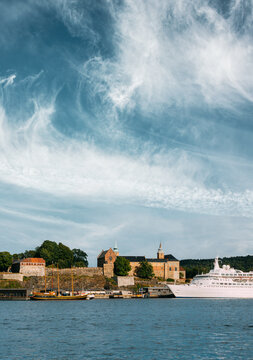 Akershus Fortress and Oslofjord harbor view
