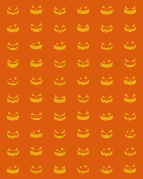 Orange Halloween pattern featuring yellow carved jack o lantern pumpkin faces in rows for festive autumn holiday spooky wallpaper background backdrop