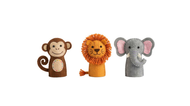Felt finger puppets of a monkey, lion, and elephant for children PNG Isolated on transparent background