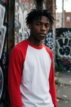 Young black man stands by graffiti wall wearing red and white baseball tee. Urban fashion style, outdoor portrait captures confident attitude, youthful energy. Cool street look.