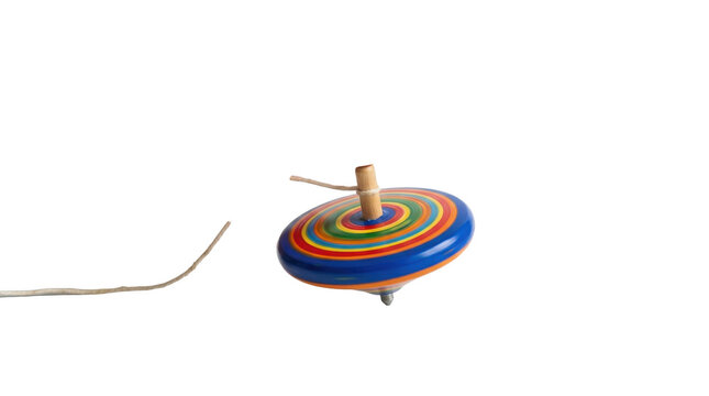 Colorful Wooden Spinning Top Toy with String for Play PNG Isolated on transparent background