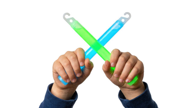 Hands holding crossed glow sticks green and blue light sticks for party fun PNG Isolated on transparent background
