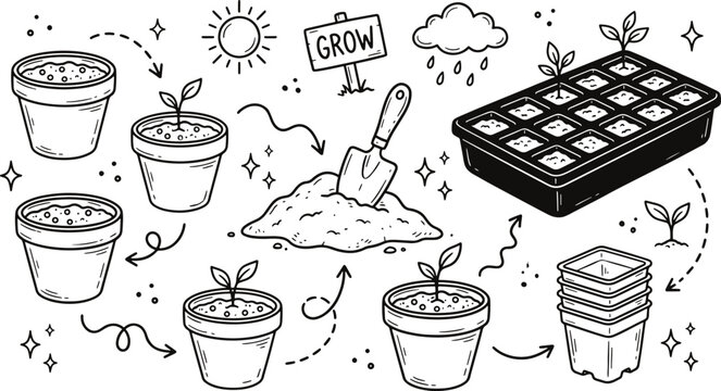 Planting and gardening doodle set with flower pots and seedlings growing plants shovel tool soil pile seed tray sun and cloud grow sign spring vector botany sketch hand drawn