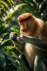 Naklejka premium Proboscis monkey sits among lush green leaves holding a plant. This primate has a distinctive large nose and lives in the Borneo rainforest. Animal looks thoughtful.