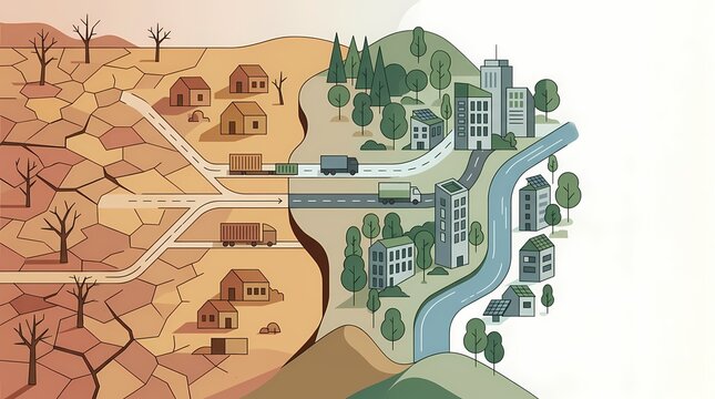 climate migration concept with trucks moving from drought to green sustainable city flat illustration - ai generated