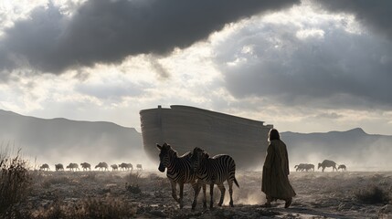 Naklejka premium Noah walking with zebras toward a massive wooden ark under a dramatic stormy sky