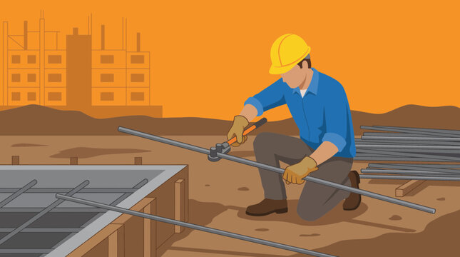 Worker Bending Steel Rebar For Building Foundation