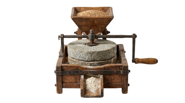 Antique wooden grain mill with stone grinding wheels and hopper full of wheat PNG Isolated on transparent background