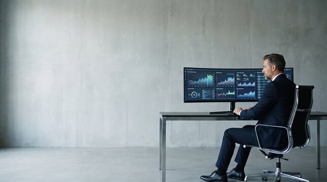 Professional Financial Strategist Analyzing Real Time Market Data Trends and Investment Performance Metrics on a Wide Computer Monitor Display