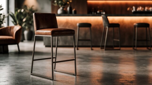 Modern brown leather bar stool with metal frame rests on concrete floor in stylish lounge. Bar counter with warm lighting and other seating visible.