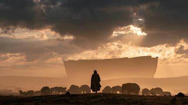 Noah watching over animals near the ark at sunset