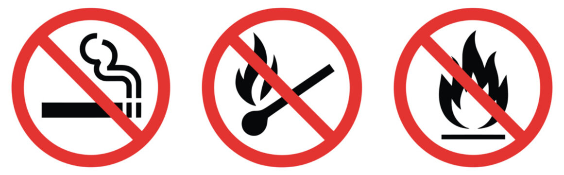 No open fire and no smoking icons with crossed matches and red stop symbols for fire prevention, safety regulations, and public warning signs