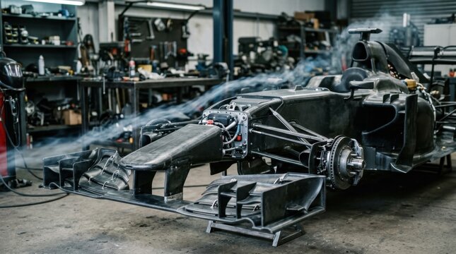 Racecar engineering with a prototype chassis, front wing, hybrid power unit casing, carbon fiber, and wind tunnel smoke trails.