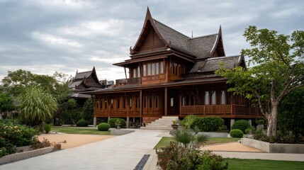 Fototapeta premium Traditional Thai Wooden House Surrounded by Lush Greenery and Pathway